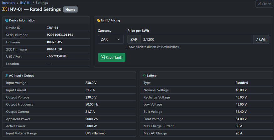 Inverter settings page showing device info, serial number, firmware, and tariff configuration